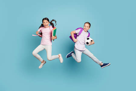 Full length body size view of his he her she nice attractive small little cheerful friends...