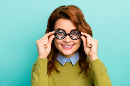 Close-up portrait of nice attractive content cheerful cheery wavy-haired girl scientist touching...