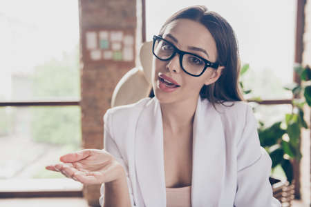 Close-up portrait of nice pretty adorable chic classy lady expert partner discussing partnership company growth plan at modern industrial loft brick interior workplace workstationの写真素材