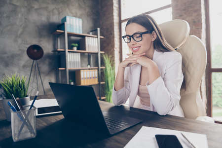 Portrait of her she nice pretty chic skilled focused cheerful lady specialist expert researching data market income report presentation at modern industrial loft brick interior workplace workstationの写真素材