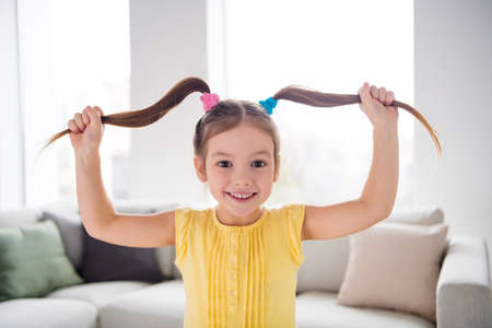Close up photo of nice childish kid hold her haircut ponytails enjoy weekend free time in living room house indoorsの写真素材