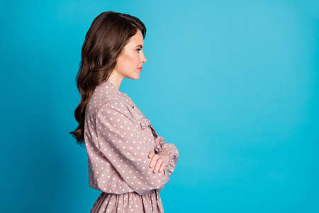 Profile side photo of reliable gorgeous girl boss cross hands look copyspace listen her colleagues...