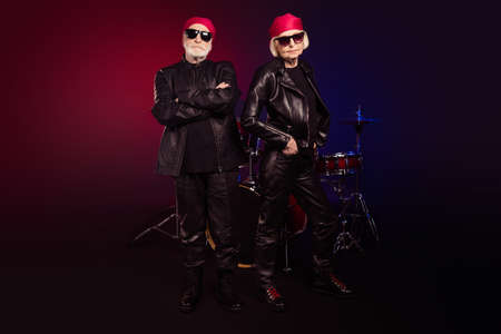 Full size photo of two pensioners family cool aged lady man rock group all life on stage concert...