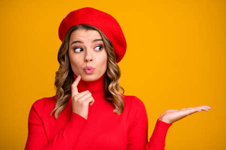 Close-up portrait of her she nice-looking attractive lovely funny wavy-haired girl thinking touching...
