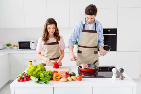 Portrait of two nice attractive cheerful cheery focused spouses making domestic fresh tasty yummy delicious meal cookery enjoying in light white interior kitchen house apartment indoorsの写真素材