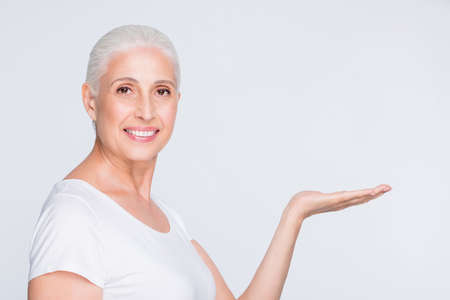 Close-up portrait of her she nice-looking attractive cheerful cheery confident content gray-haired...