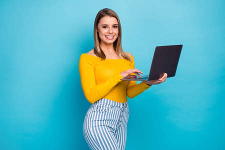 Portrait of her she nice-looking attractive lovely charming skilled cheerful cheery girl holding in...