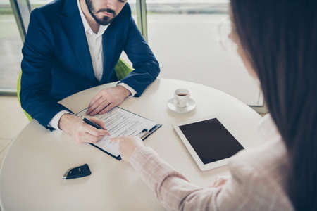 Cropped view portrait of his he her she two nice attractive stylish classy people guy signing...