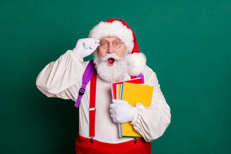Portrait of his he nice handsome cheerful amazed smart clever bearded overweight Santa holding in hands copy book materials back to school autumn isolated over green color backgroundの写真素材