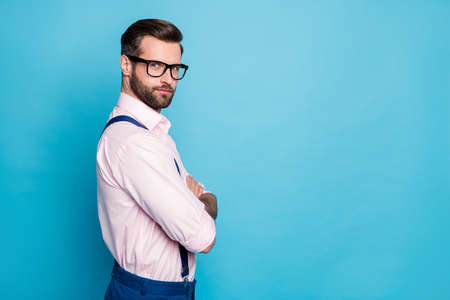 Profile photo of handsome business man arms crossed successful young chief boss not smiling worker...