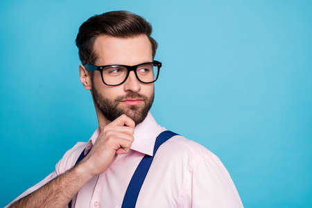 Closeup photo of handsome macho business man trendy clothes guy eyesight care vision specs look side...