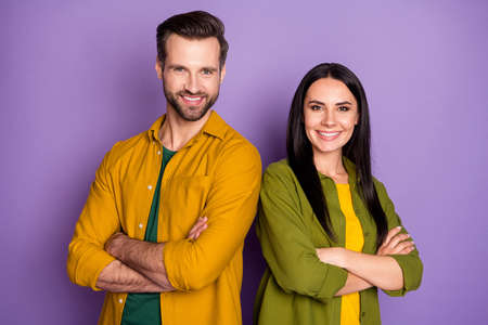 Photo attractive lady handsome guy standing side by side arms crossed confident partners one team...