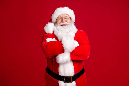 Photo of crazy funky fat santa claus cross hands x-mas christmas newyear party wear red costume belt...