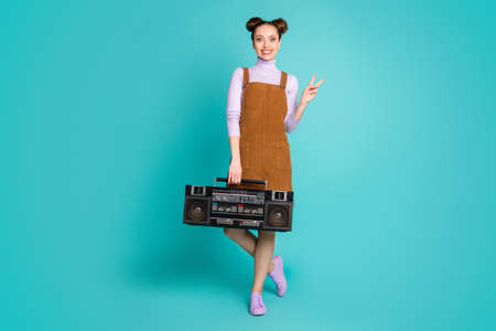 Full length photo cute attractive two lovely buns hairdo lady retro themed disco party hold player...