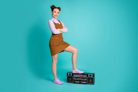 Full body profile photo of cheerful youth hipster lady boom box player cool music lover two buns...