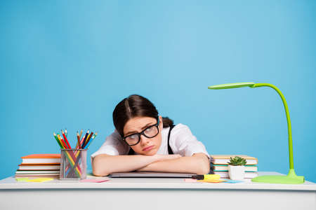 Photo of of frustrated high school girl sit desk have university lecture lesson look copyspace dream...
