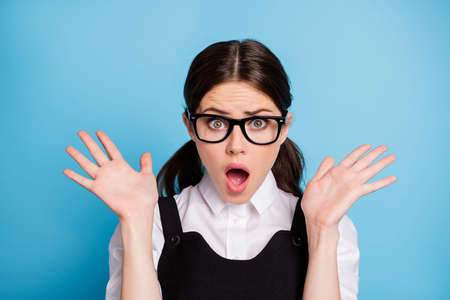 Close-up portrait of her she nice attractive lovely pretty worried brunette schoolgirl nerd geek...