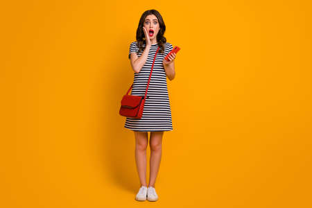 Full length photo of crazy wavy lady chatting friends hold telephone read good news blogger wear...