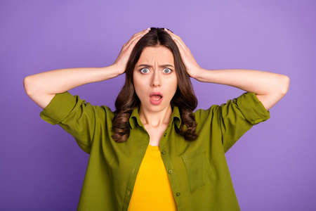 Portrait of astonished anxious girl hear horrible terrible coronavirus information impressed shout...
