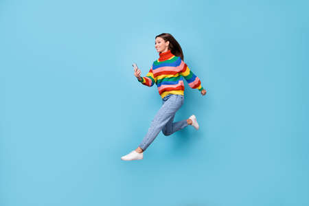 Full length body size profile side view of her she nice attractive pretty cheerful cheery girl...