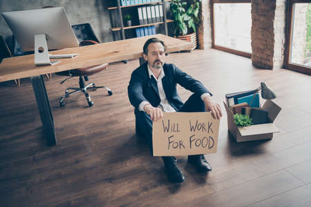 Will work for food concept. Photo of desperate sad unsuccessful worker mature fired agent loser lost...