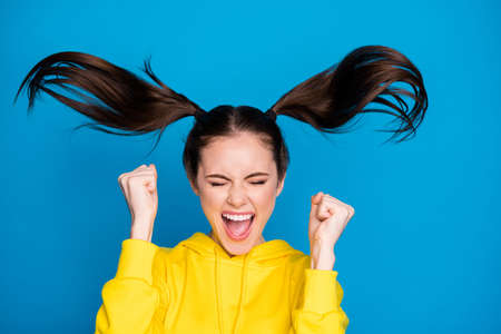 Close-up portrait of her she nice attractive pretty overjoyed delighted satisfied cheerful cheery...