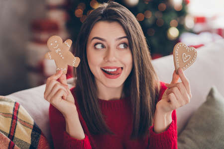 Portrait of addicted girl hold x-mas man heart shape ginger bread cookies tongue lick lips in house...
