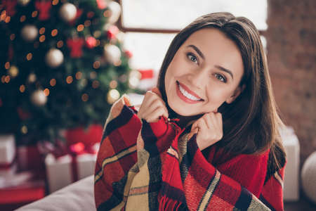 Photo of lovely woman white smile wrapped checkered blanket fists face wear red pullover in decorated x-mas living room indoorsの写真素材