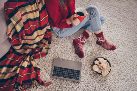 High angle view cropped photo of young girl sit floor netbook biscuits hold cup wear red pullover socks jeans in decorated x-mas living room indoorsの写真素材
