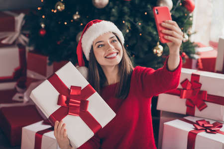 Portrait of her she nice attractive pretty cheerful cheery girl holding in hand giftbox taking...