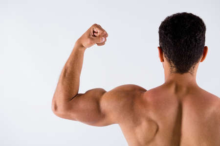 Close-up cropped rear back beind view of his he nice attractive powerful successful professional...