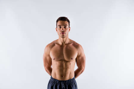 Portrait of his he nice attractive content virile guy ripped shape figure form personal trainer...