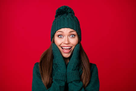 Close-up portrait of her she nice attractive pretty lovely amazed cheerful cheery glad girl wear...