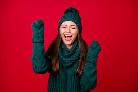 Close-up portrait of her she nice attractive ecstatic dreamy cheerful cheery girl wear wool knit...