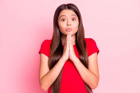 Photo of cute lovely funny little lady long hairdo hold palms arms pitiful face look pouted lips worried ask desperate pray regret wear red t-shirt isolated pink color backgroundの写真素材