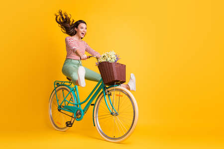 Full length body size photo of funny girl shouting riding bicycle keeping legs up isolated on vivid yellow color backgroundの素材 [FY310157777214]