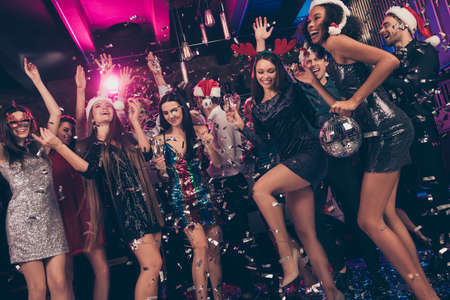 Photo of party disco people lady hold glowing ball charming girls mini dress legs modern club...