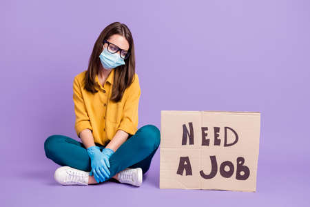 Portrait of her she attractive fired miserable girl sitting on floor wearing gloves grippe infection...