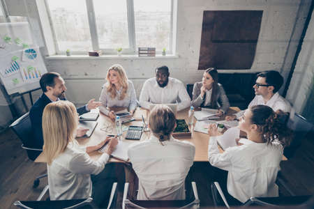 Top above high angle view photo group business sharks man woman sit desk table have investment...