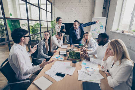 You are fired. Photo of business people colleagues boss guy scolding manager year budget fail...
