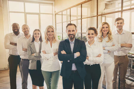 Photo of business man lady people eight diversity partners big office successful professionals good...
