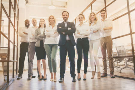 Full length photo of business man lady people eight diversity partners big office successful...