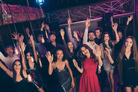 Attractive elegant cheerful crowd dancing enjoying corporate event celebrating newyear festive...