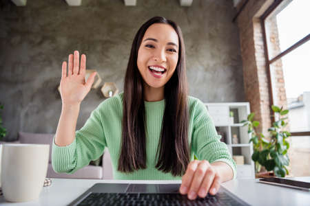 Close up photo of positive cheerful korean chinese girl have online video call broadcast meet...