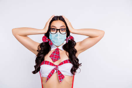 Photo of lady role game staring stupor wear mask specs short red checkered plaid costume brassiere nude belly isolated white backgroundの写真素材