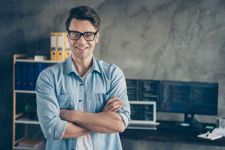 Close-up portrait of his he nice attractive cheerful cheery geek guy digital security top manager...
