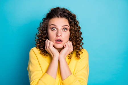 Close-up portrait of her she nice-looking attractive lovely pretty worried unsure scared wavy-haired...