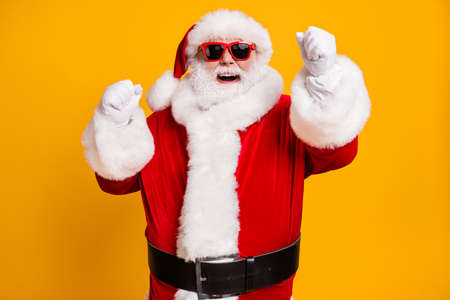 Portrait of his he nice attractive cheerful cheery glad Santa father celebrating newyear having fun...