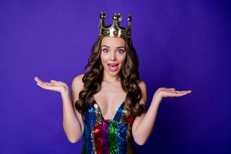 Photo of funny lady prom queen raise arms wear shiny sequins dress isolated purple color background