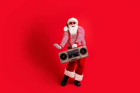 Full length body size view of his he nice handsome fat overweight cheerful cheery Santa having fun...